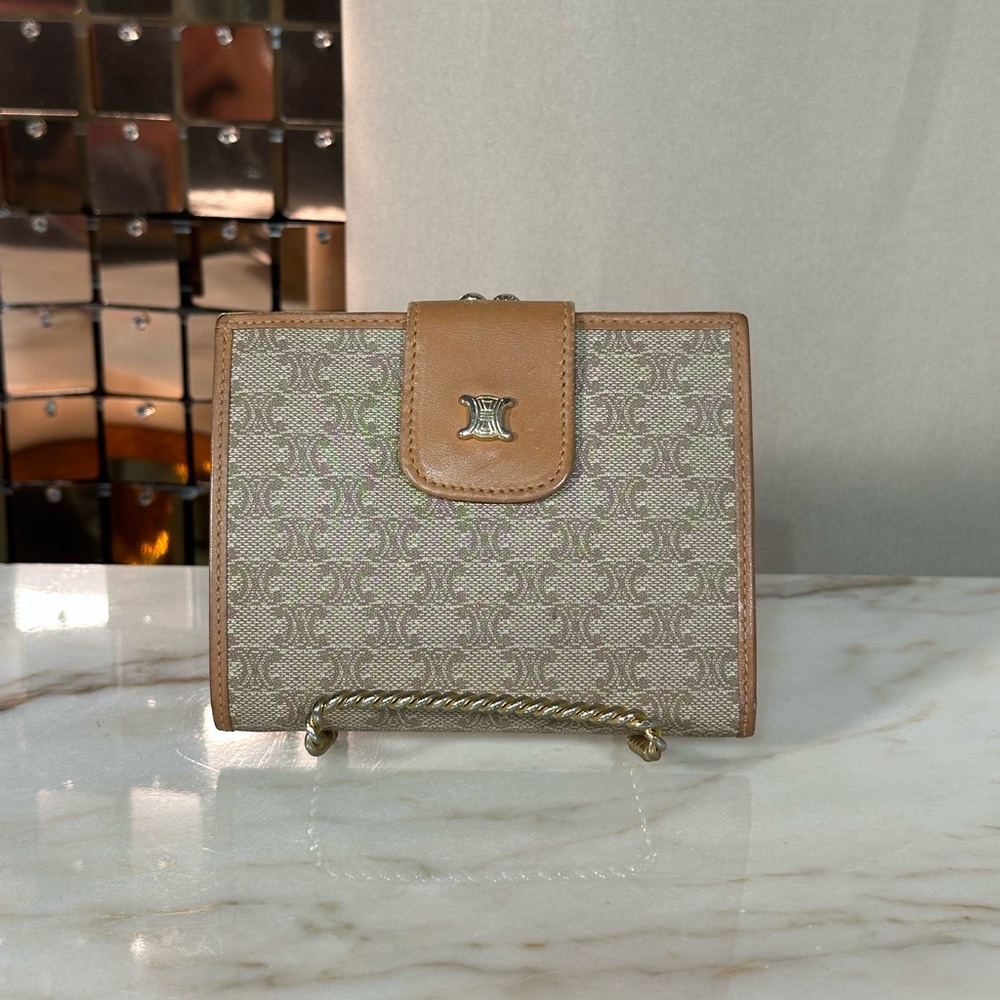Celine Tan and Cream Wallet with Triomphe Monogram Pattern and Gold Hardware - Picture 2 of 7